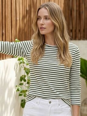 Zenara Green & White Striped Long-Sleeve Cotton Tee, Large